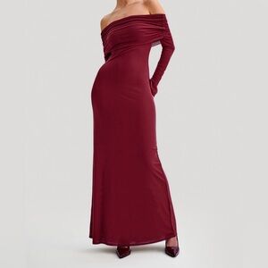 Meshki Off Shoulder Mesh Maxi Dress - Wine